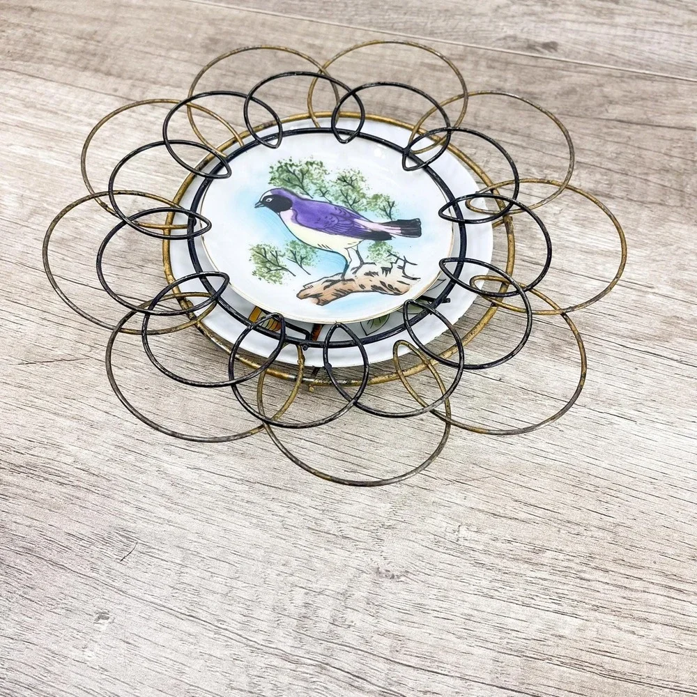 Vintage Bird Plate with Metal Hanger Set‎ of 2: Hand-Painted Ceramic Display